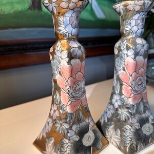 Vintage Porcelain Mille Fleur or Thousand Flowers famille rose candle holders